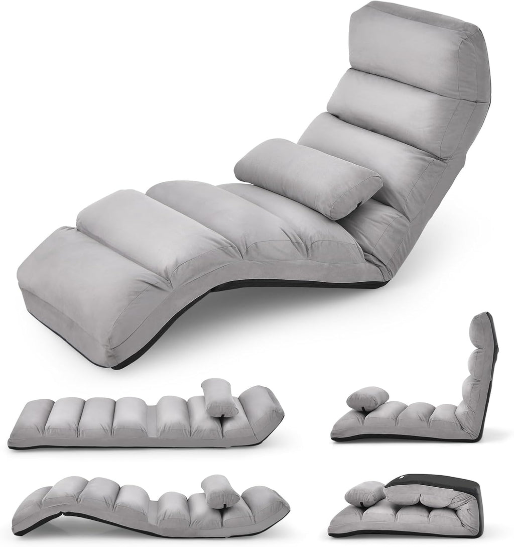 KOMFOTT Foldable Floor Lazy Sofa with Pillow, Indoor Chaise Lounger with 5 Adjustable Positions, Adjustable Back Support & Footrest, Video Gaming Chair for Home, Office, Reading, Watching (Grey)