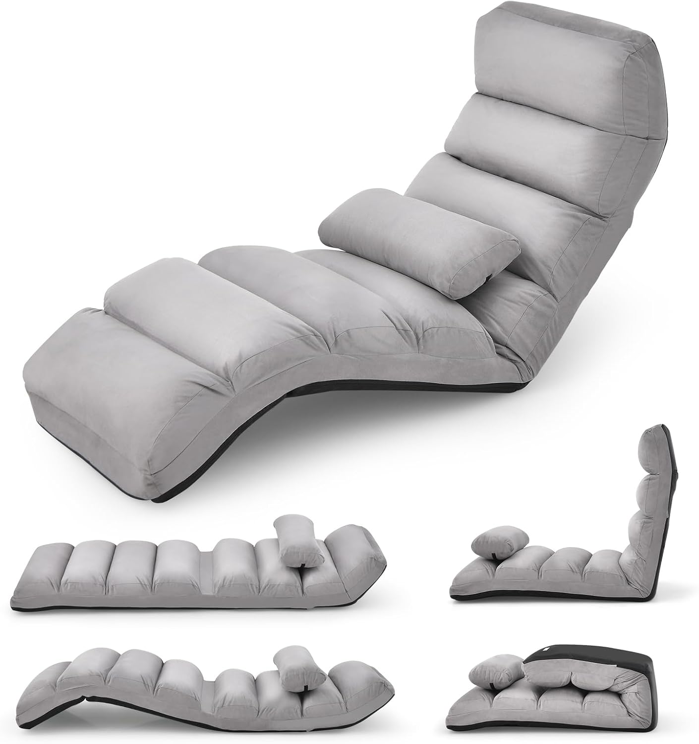 KOMFOTT Foldable Floor Lazy Sofa with Pillow, Indoor Chaise Lounger with 5 Adjustable Positions, Adjustable Back Support & Footrest, Video Gaming Chair for Home, Office, Reading, Watching (Grey)
