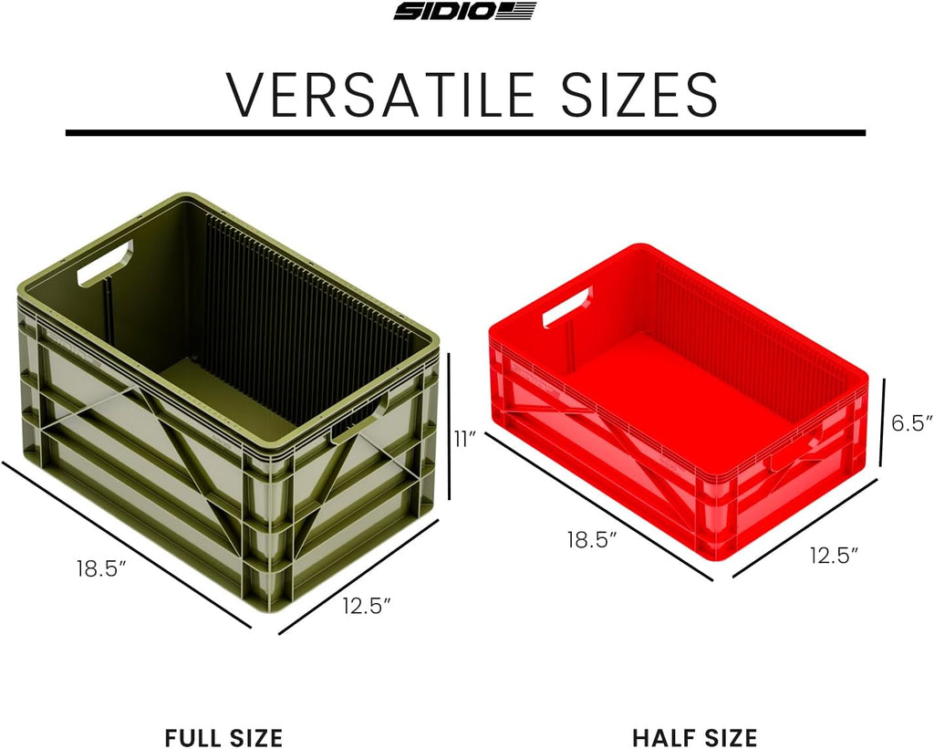 SIDIO Crate Basic Pack - 2 Full-Size & 1 Half-Size Heavy Duty Stackable Storage Bins, Totes and Containers with Dividers - Durable Plastic Organizer for Home, Office, Garage, and Outdoor Use
