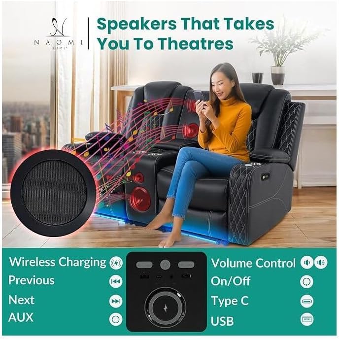 Naomi Home Chicago Home Theater Recliner Chair – Bluetooth Speakers, Wireless Charging, Power Recline, Adjustable Headrest, LED Lighting, Cup Holders & Premium Faux Leather for Ultimate Comfort