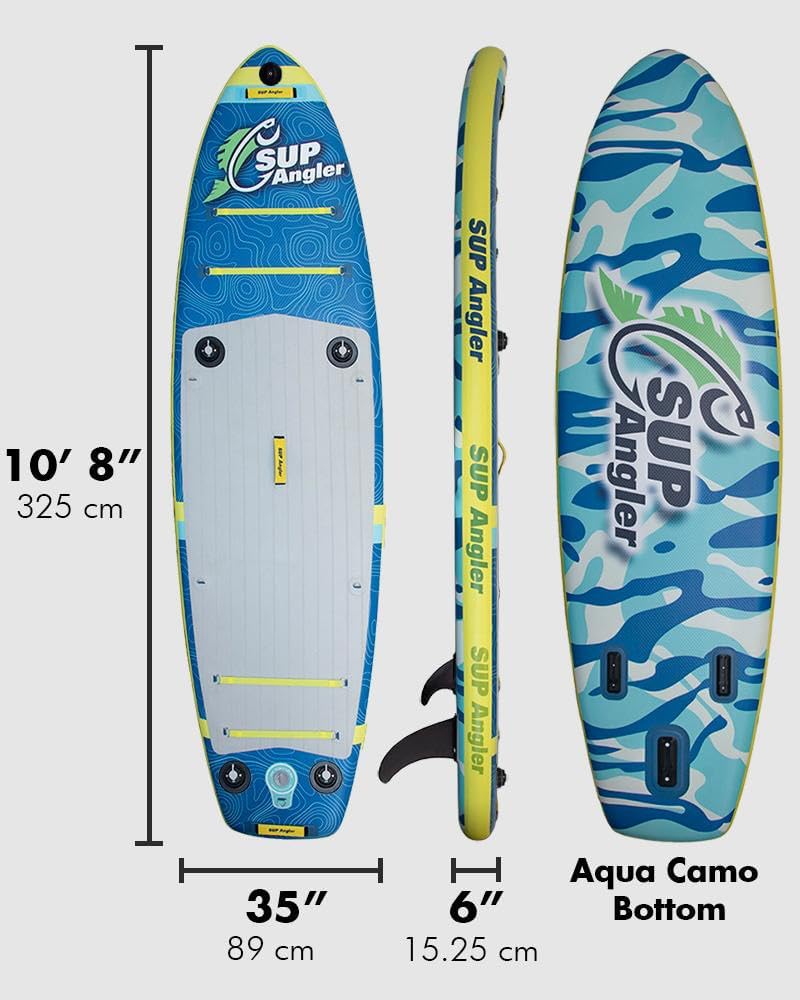 SUP Angler X-Wide Inflatable Fishing Paddle Board with Seat, Choose Accessories Package, Adjustable Fishing Rod Holders, Accessory Ports, Dual Paddle, Quad Bungees, 10'8' X 35'