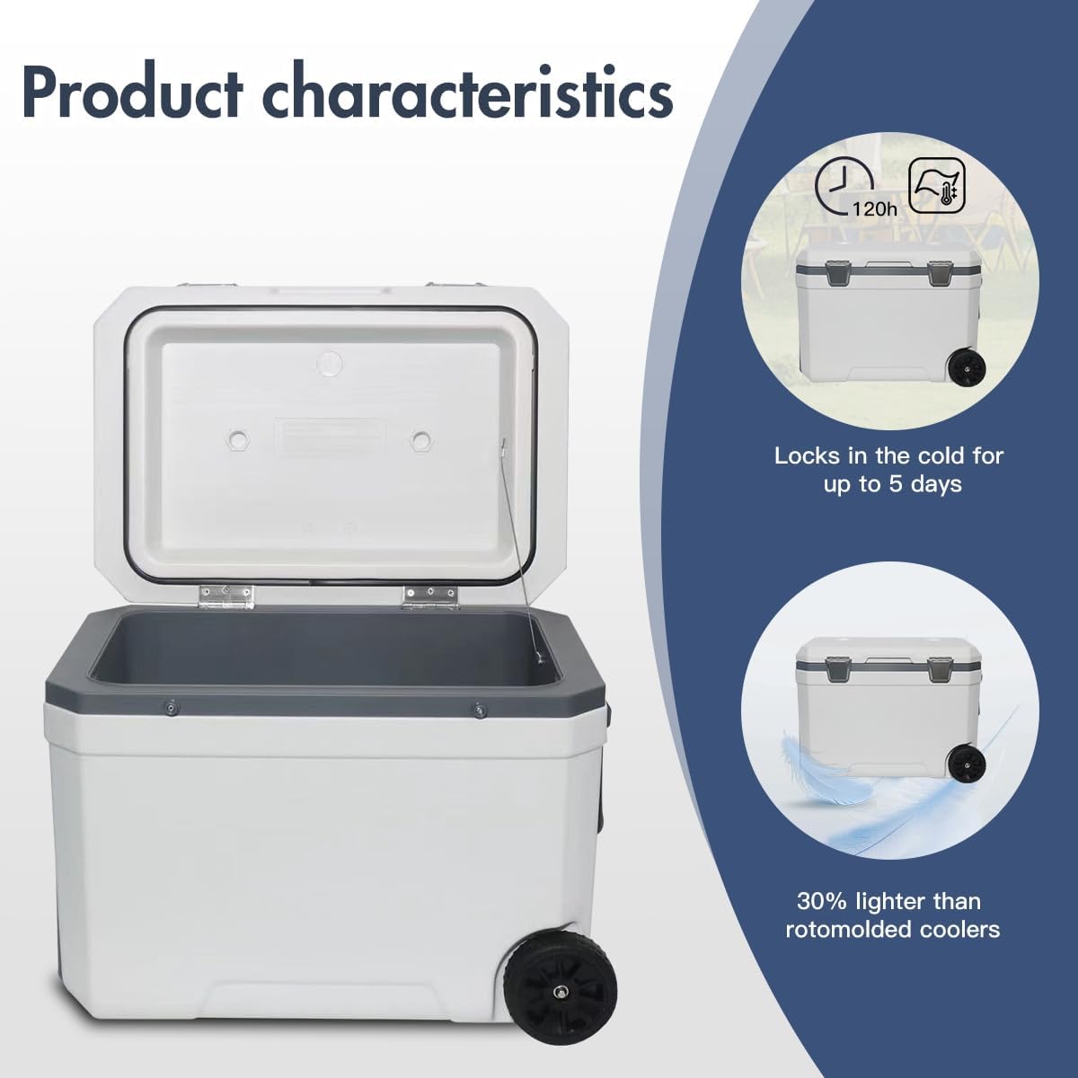 Ultra-Light Wheelded Cooler Insulated Portable Ice Chest 47.5 Quarts for Beach, Beverage, Camping, Beverage, Picnic, Fishing, Boat, Barbecue, 30% Lighter Than Romolded Coolers