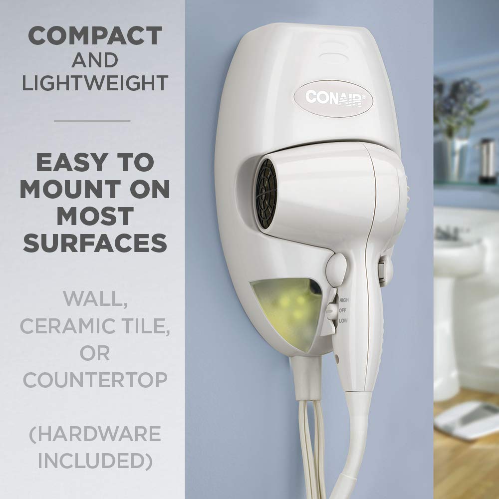 Conair Wall-Mount Hair Dryer,1600W Blow Dryer with LED Nightlight,2 Heat 2 Speed Settings,White,(Pack of 4)