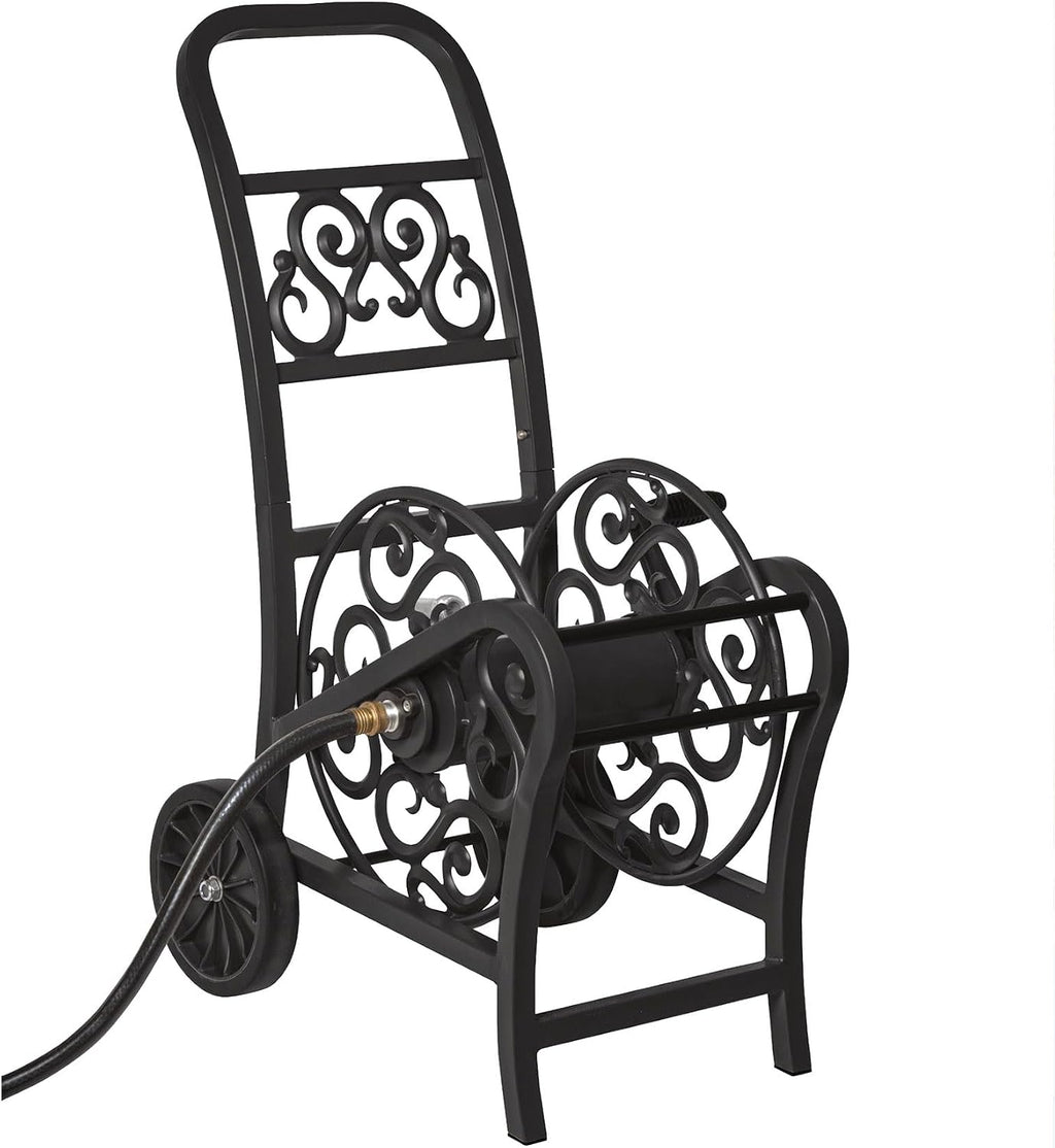 Suncast Metal Decorative 200' Hose Cart with Flat-Free Wheels and Foot Caps, Stylish Garden Hose Reel Cart for 200' of Standard Vinyl Hose