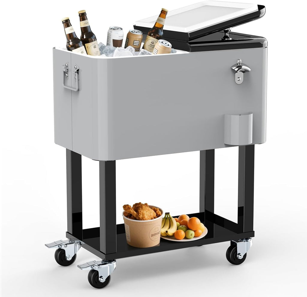 Ice Chest with Wheels, 60 Quart Portable Rolling Cooler with Bottle Opener & Cap Collector & Bottom Storage Tray for Patio Party & BBQ & Beach Activities