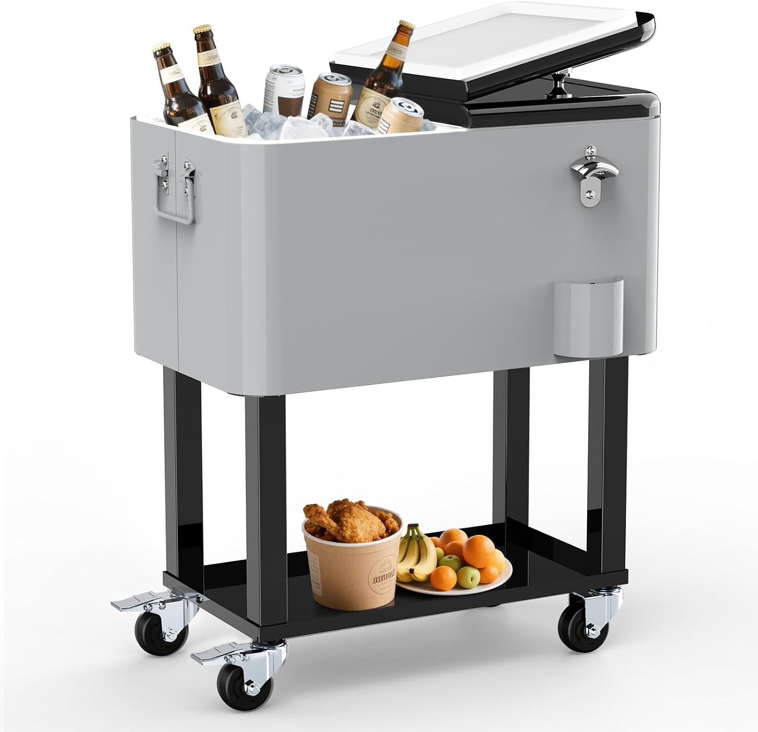 Ice Chest with Wheels, 60 Quart Portable Rolling Cooler with Bottle Opener & Cap Collector & Bottom Storage Tray for Patio Party & BBQ & Beach Activities