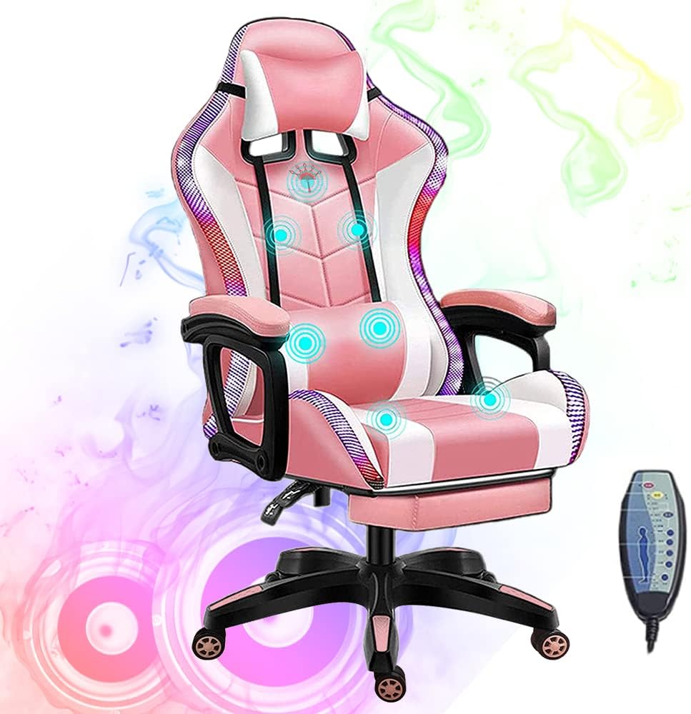 RGB Video Gaming Chairs with Speakers Ergonomic Pro Gaming Chair with Full Massage Lumbar Support and Retractible Footrest Adjustable Backrest Computer Chair High Back Recliner Chair,Pink