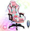 RGB Video Gaming Chairs with Speakers Ergonomic Pro Gaming Chair with Full Massage Lumbar Support and Retractible Footrest Adjustable Backrest Computer Chair High Back Recliner Chair,Pink