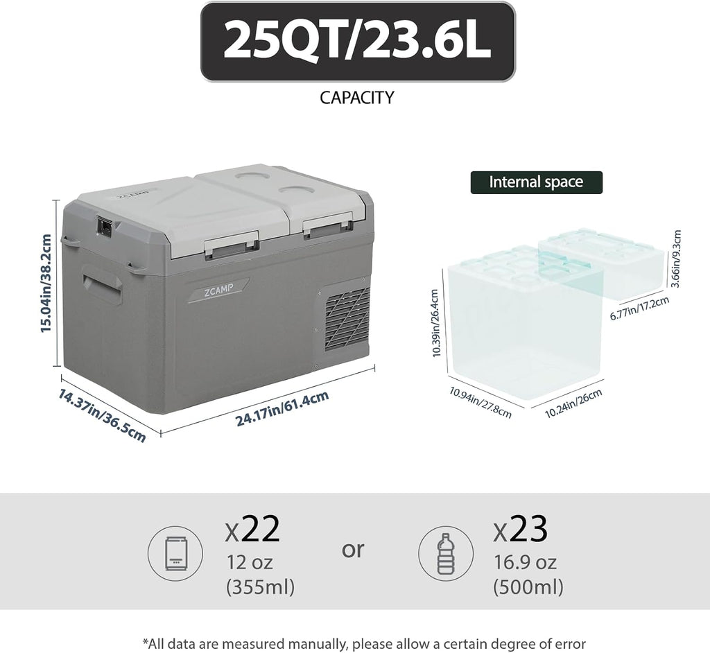 GES35 Portable Freezer,Dual Zone 12 Volt Car Refrigerator,25QT(24L) 12v cooler Fast Cooling Fridge, with 12/24V DC 100-240V AC for Camping, Outdoor, Travel, RV, Truck