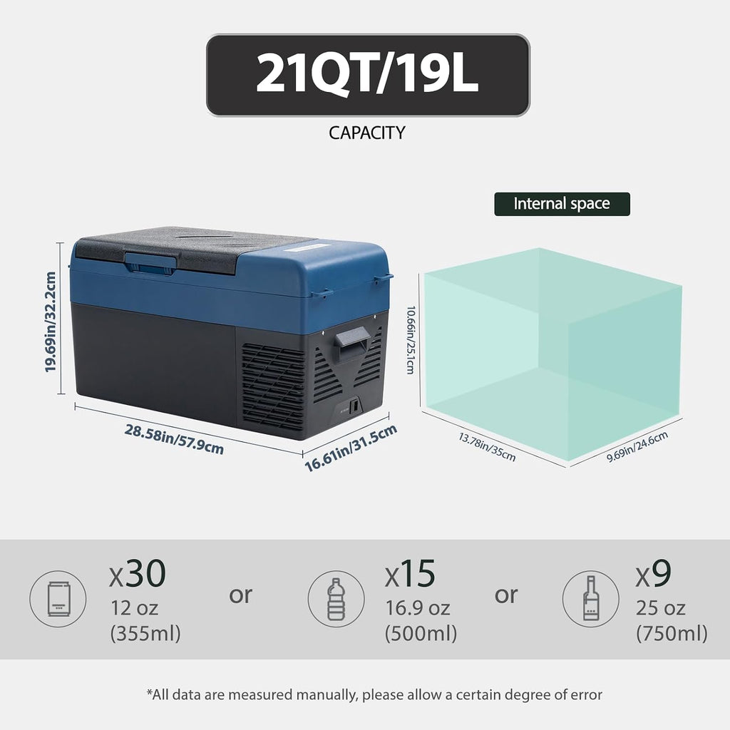 KI19 12 Volt Refrigerator,Portable Freezer,21 Quart(19L) Car Cooler,12V Car Fridge,12/24V DC 100-240V AC for Camping, Travel, Truck, RV, Boat -4℉~68℉