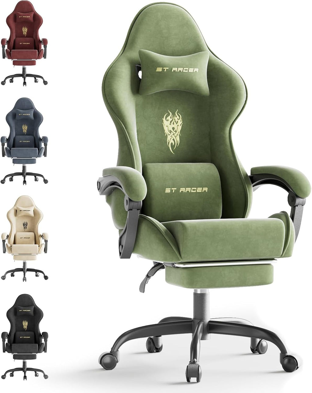 Huracan Velvet Fabric Racing Gaming Chair for Adults - Ergonomic Gamer Chair with Massage Lumbar, Footrest & Spring Cushion | Home Office/Video Game Chair, Green