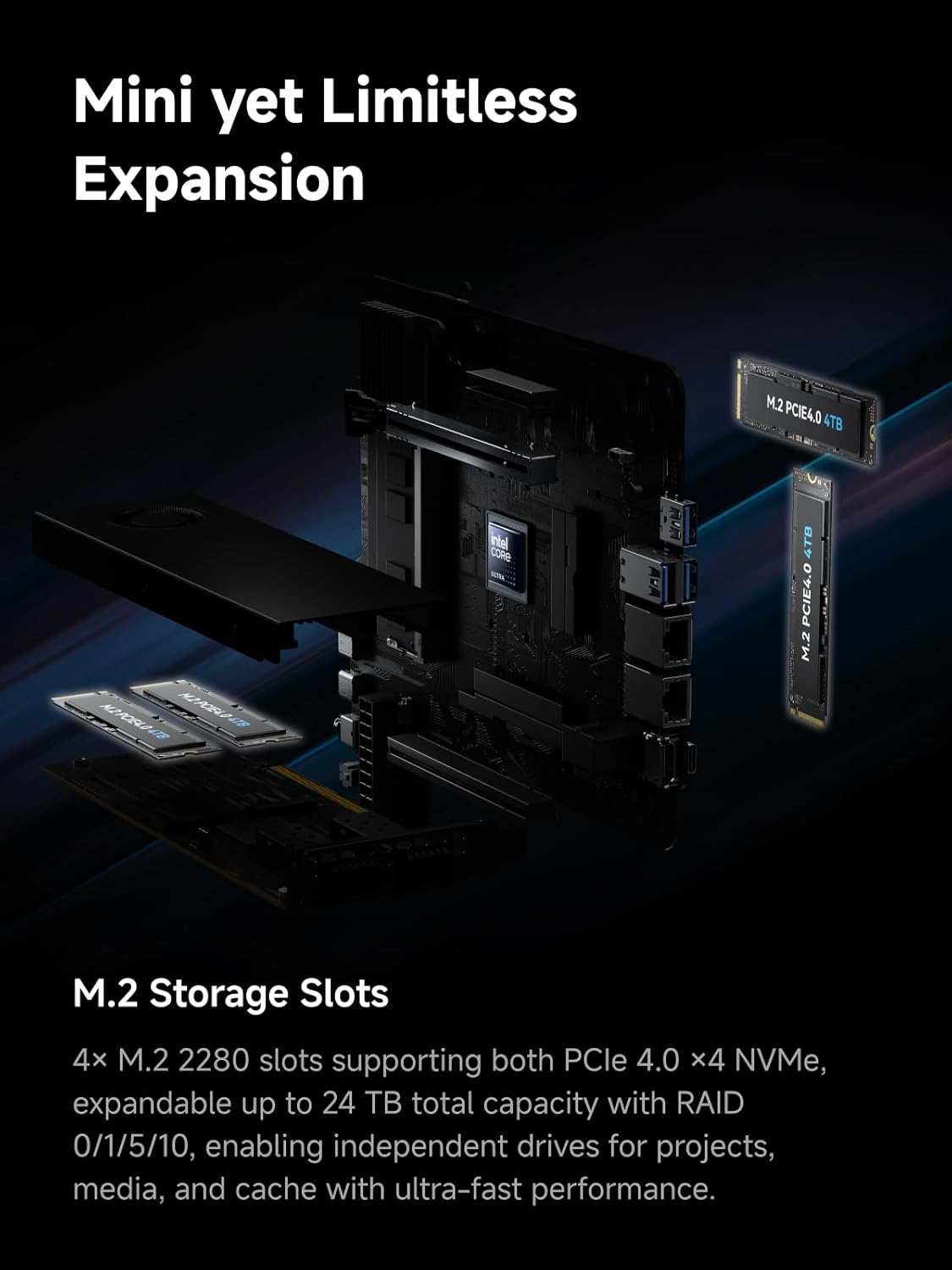 MINISFORUM MS-02 Ultra Workstation Mini PC, Intel Core Ultra 9 285HX (24C/24T, up to 5.5GHz), PCIe 5.0 x16, 4× DDR5 Slots, 4× M.2 Slots, USB4 v2 80Gbps, Dual 25GbE+10GbE+2.5GbE, Wi-Fi 7, 350W PSU