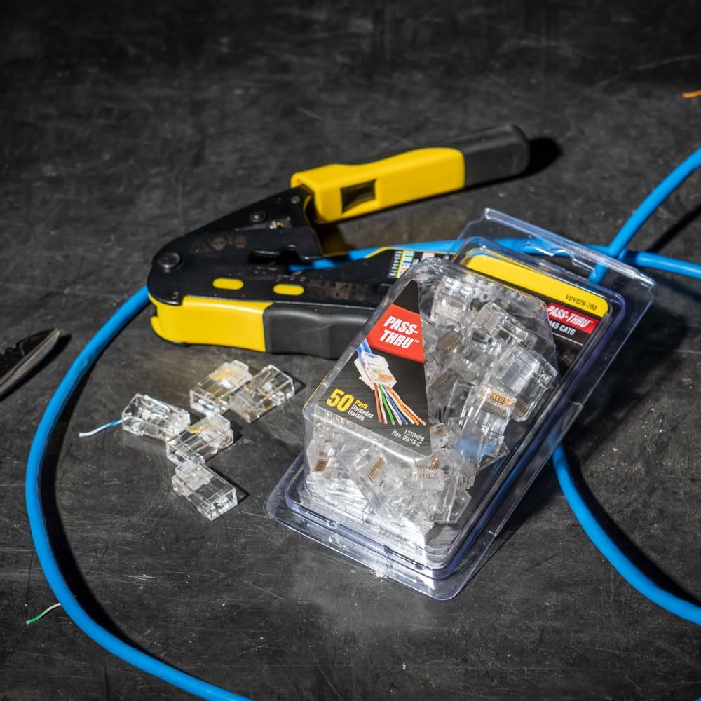 Klein Tools 80093 Cable Tester, VDV LAN Kit with LAN Tester, Pass Thru Crimper, CAT6/CAT5e Plugs and Strain Relief Boots, 5-Piece