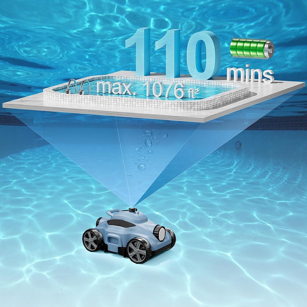 Cordless Robot Pool Cleaner, Maximum Cleaning Area 100 Square Meters, Intelligent Path Planning, Running Time 110 Minutes, 5800mah Battery,Suitable for Above-Ground and Underground Pools