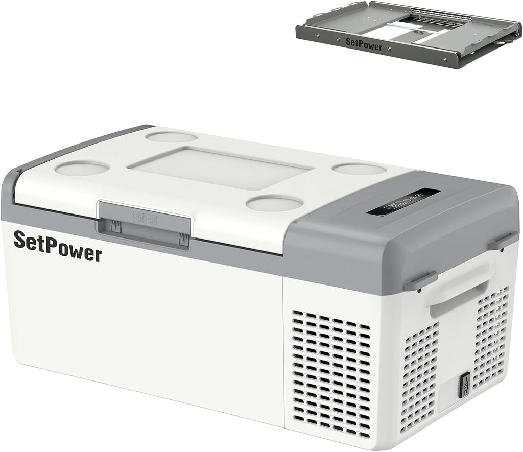 Setpower 15L/15.8QT Portable Car Refrigerator With Slide 12V/24V DC Electric Cooler Freezer for Truck RV Camping, and Road Trip (White)