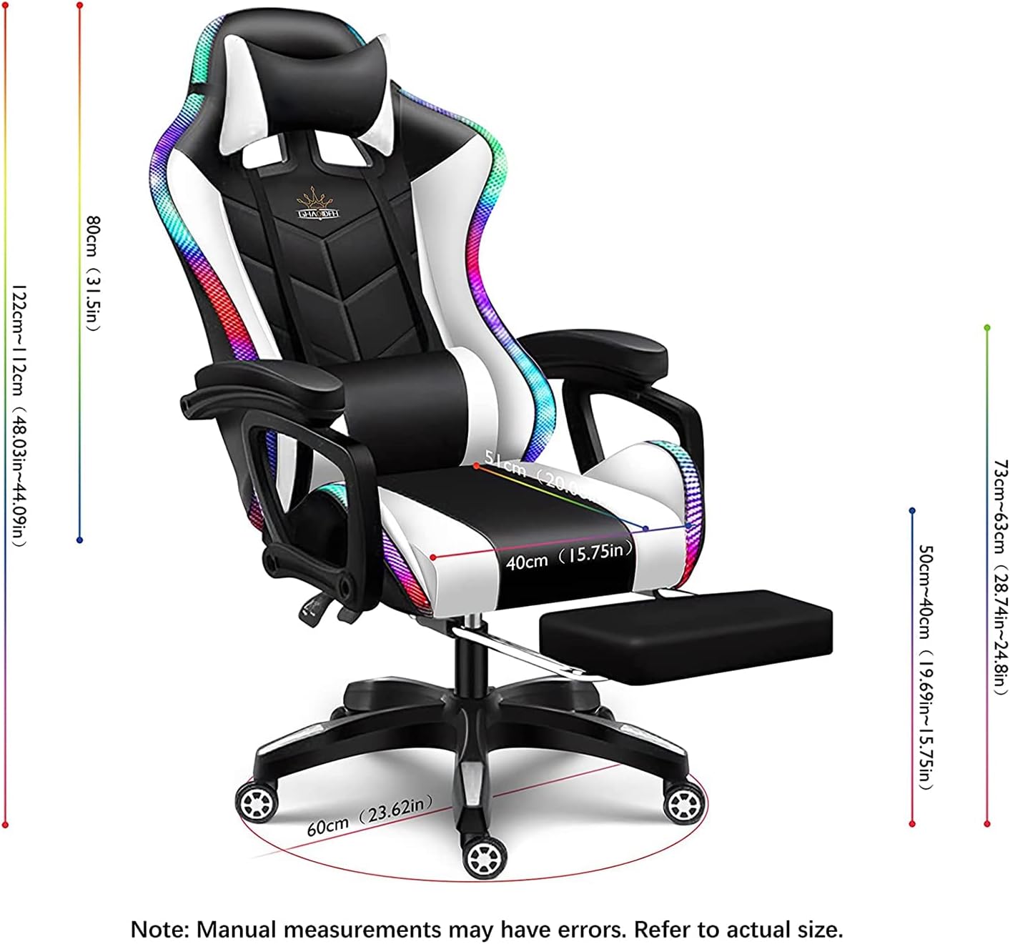 RGB Computer Chair with Footrest Full Massage Gaming Chair with Speakers Video Game Chair with Lumbar Support Headrest PU Leather 360°Swivel Recliner Chair High Back Office Chair for Gaming,White