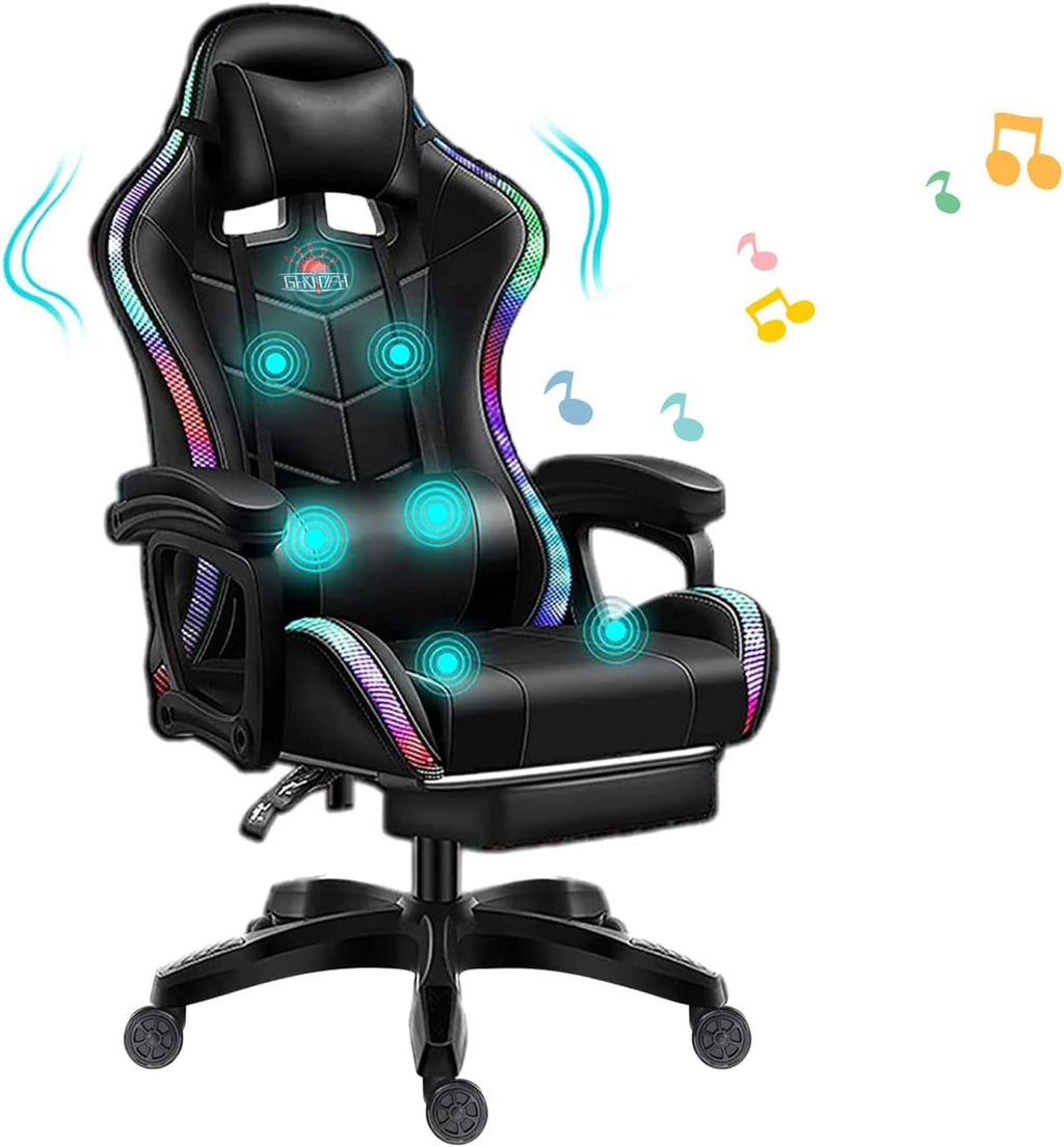 Gaming Chairs for Adults with Speakers, Gaming Chair with LED Light/Pro Gaming Chair - High Back Music Video Game Chair with Footrest and Lumbar Support, PU Leather Video Gaming Chairs,6