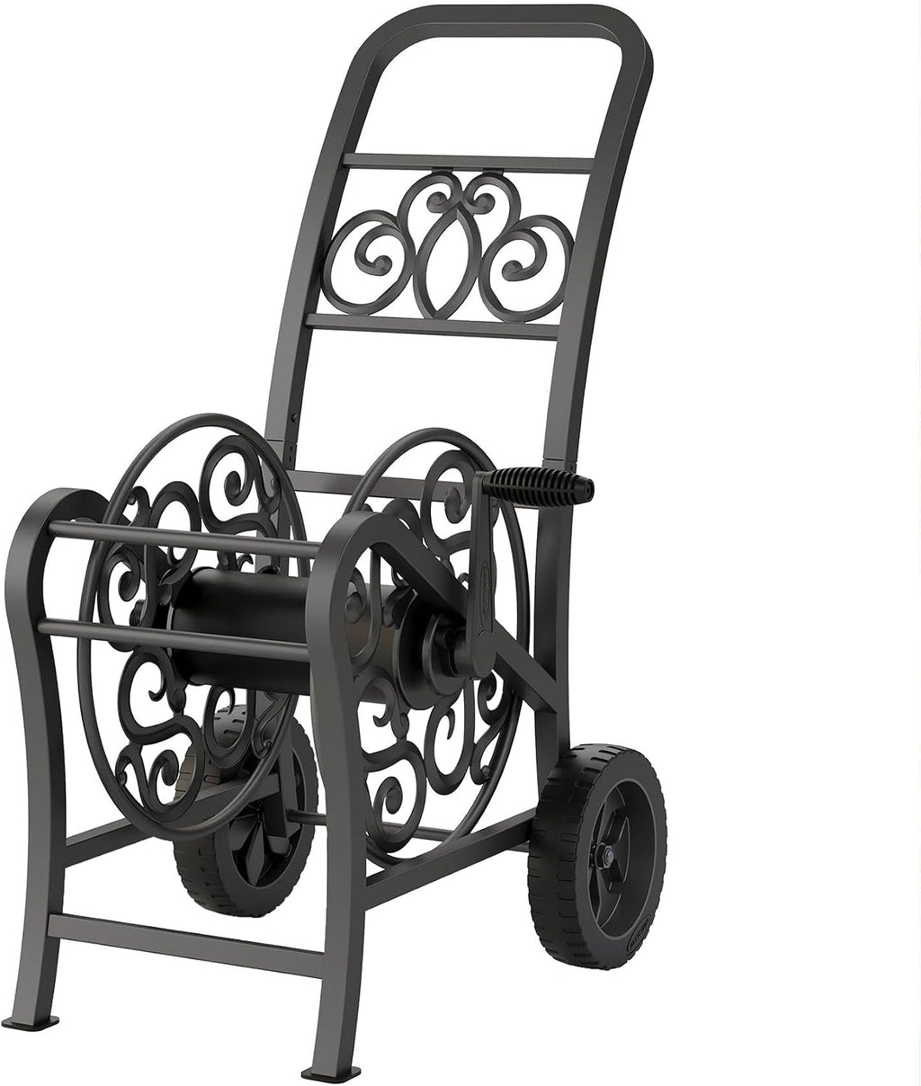 Suncast Metal Decorative 150' Hose Cart with Flat-Free Wheels and Foot Caps, Stylish Garden Hose Reel Cart for 150' of Standard Vinyl Hose, Made in the USA