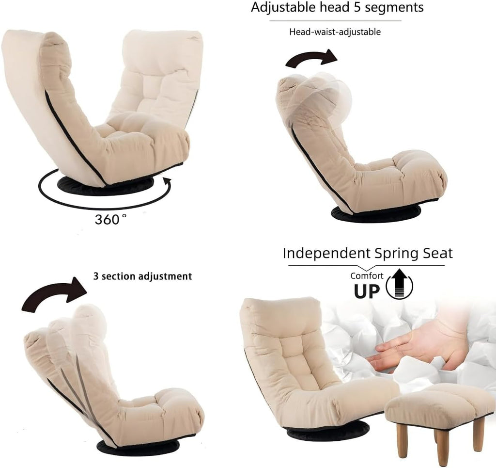 360° Swivel Floor Gaming Chair, Floor Chair, 14 Adjustable Head Segments 3 Waist Segments, Ergonomic Recliner for Gaming Reading Living Room, Includes Footrests (White)