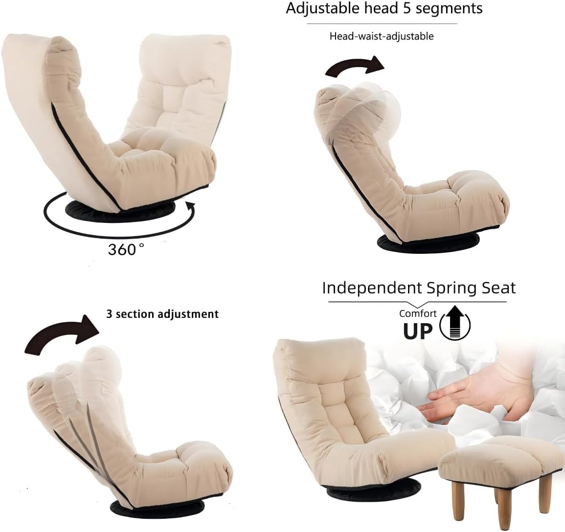 360° Swivel Floor Gaming Chair, Floor Chair, 14 Adjustable Head Segments 3 Waist Segments, Ergonomic Recliner for Gaming Reading Living Room, Includes Footrests (White)