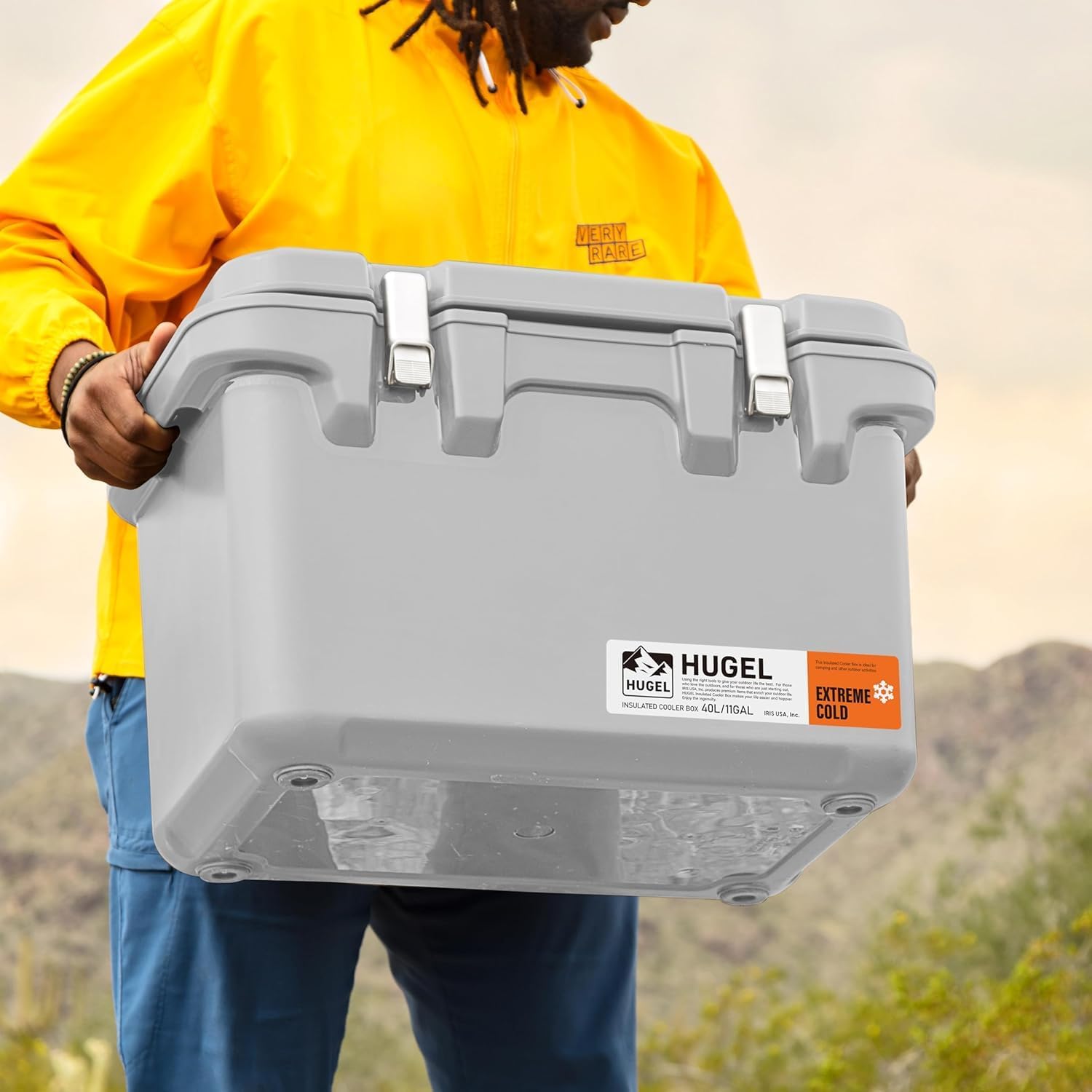 IRIS USA Hugel 44 QT Cooler, Heavy Duty Metal Buckles, Leak-Free Design, Durable Hard Cooler, Ice Chest with Bungee Strap, Molded Handles, Fishing Camping Boat Beach Tailgating Road Trips, Light Gray
