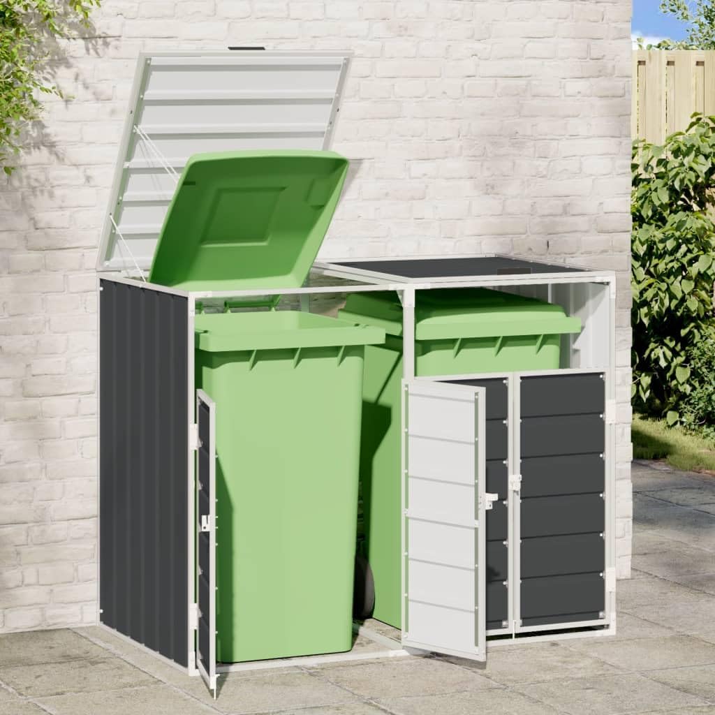 Outdoor Steel Garbage Bin Storage Shed for 2 Trash Cans, Weather-Resistant Metal Trash Can Storage Shed with Lid Chain and Latch, Good Ventilation, Anthracite, Double Bins,-795