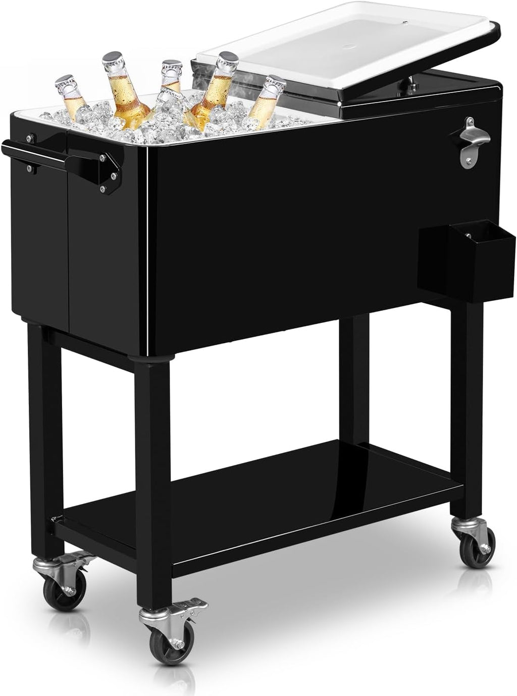VINGLI 80 Quart Rolling Ice Chest on Wheels, Portable Patio Party Bar Drink Cooler Cart, with Shelf, Beverage Pool with Bottle Opener,Water Pipe