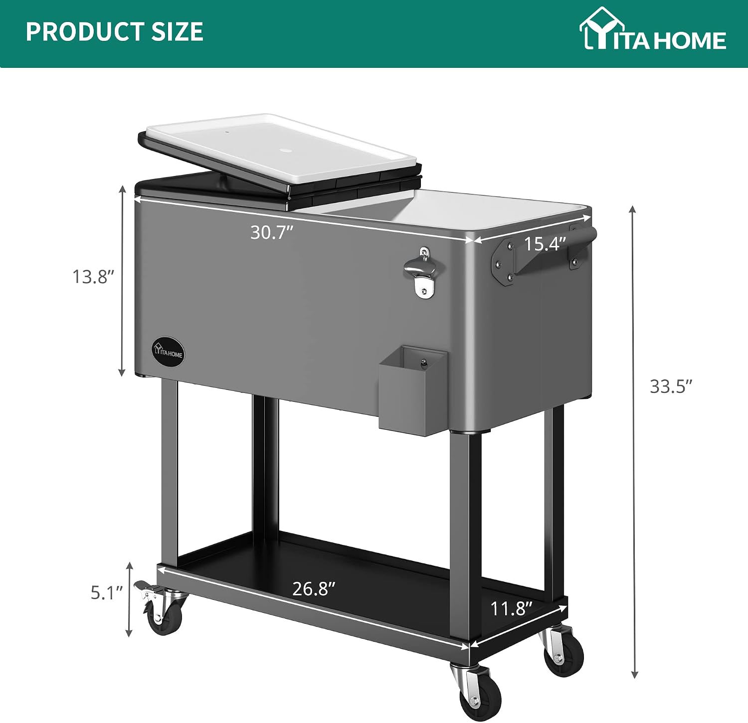 YITAHOME 80 Quart Rolling Cooler Cart with Bottle Opener Drainage, Portable Patio Cooler Rolling on Wheels, Outdoor Rolling Beverage Cart Drink Cooler for Patio Pool Deck Party BBQ Cookouts (Silver)