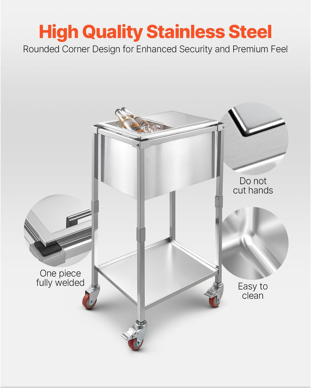 VEVOR Commercial Ice Bin, Underbar Ice Bin, Stainless Steel Ice Chest with Sliding Lid, Bottle Holders, Adjustable Bullet Feet, Cooler Cart Cocktail Unit for Bar Restaurant Pub