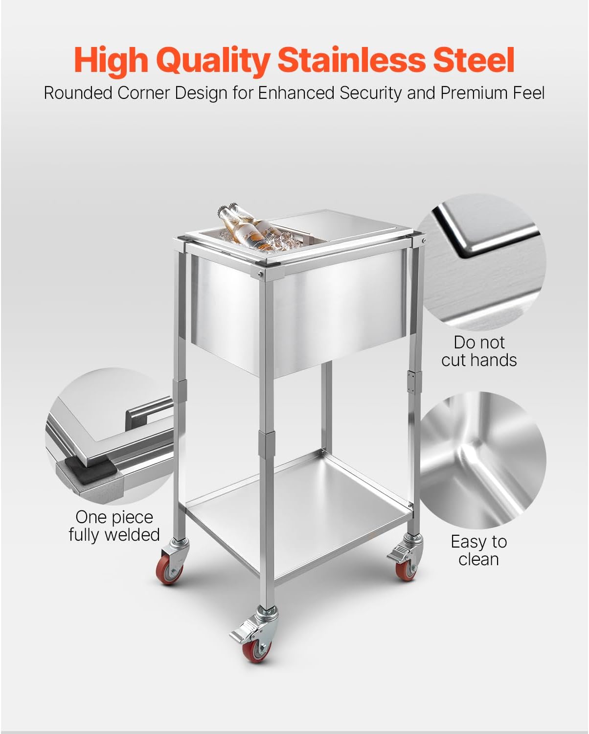 VEVOR Commercial Ice Bin, Underbar Ice Bin, Stainless Steel Ice Chest with Sliding Lid, Bottle Holders, Adjustable Bullet Feet, Cooler Cart Cocktail Unit for Bar Restaurant Pub