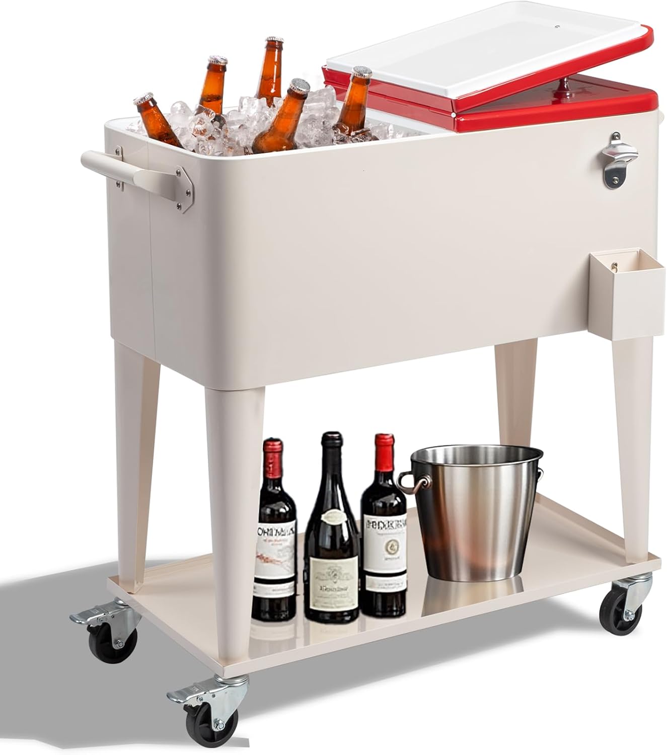 Outvita 80 Quart Rolling Ice Chest, Portable Bar Drink Cooler with Catch Basin, Bottom Storage Tray and Bottle Opener for Patio Party BBQ Beach Activities