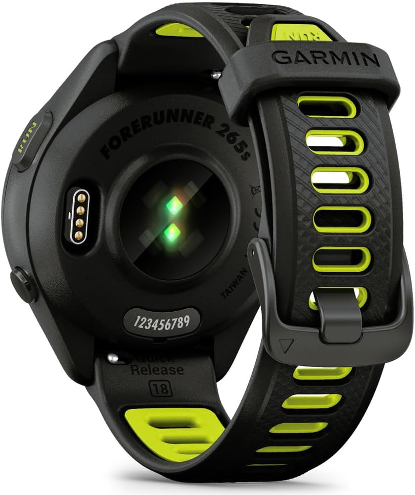 Garmin 010-02810-03 Forerunner 265S GPS Smartwatch, Black/Amp Yellow Bundle with Workout Cooling Sport Towel + Deco Essentials Wearable Commuter Front & Rear Safety Light