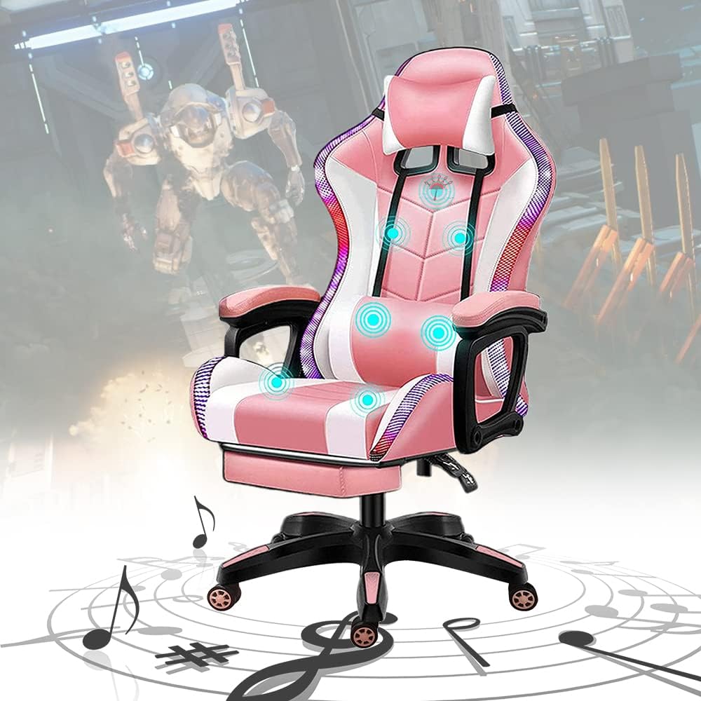 LED Gaming Chair with Speakers, Ergonomic Video Game Chair, Racing Office Chair PU Leather Recliner Computer Chair Swivel E-Sports Chair with Headrest Lumbar Support,Pink