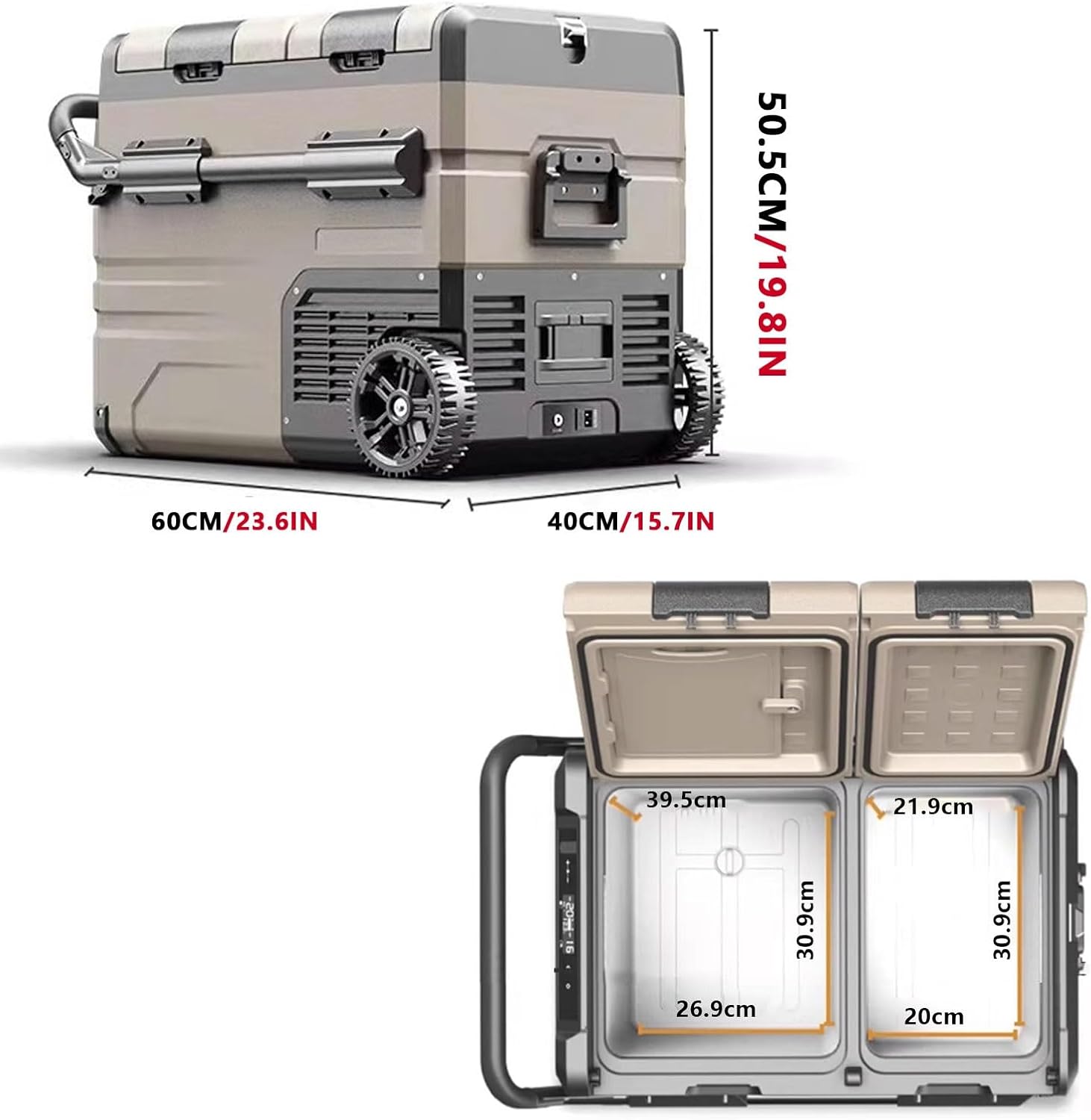 Car Fridge Plug in Cooler Portable Cooler Electric 35L/45L/55L with Wheels and Handle Fast Cooling for Truck Van Travel Camper -20℃~+20℃ Double-Door Design(60 * 40 * 50.5cm)
