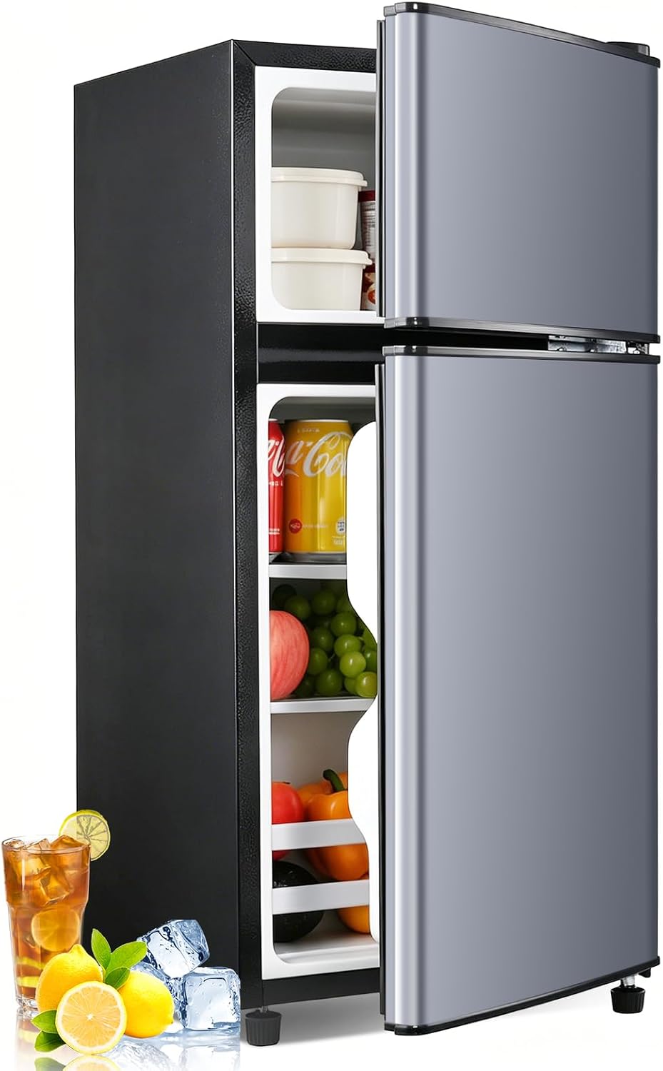 Anypro 2.9 Cu.Ft Fridge with Freezer, Double Door Refrigerator with 7-Level Temperature Control, LED Light, Adjustable Shelves for Bedroom, Office, Dorm, and Apartment, Blue Silver