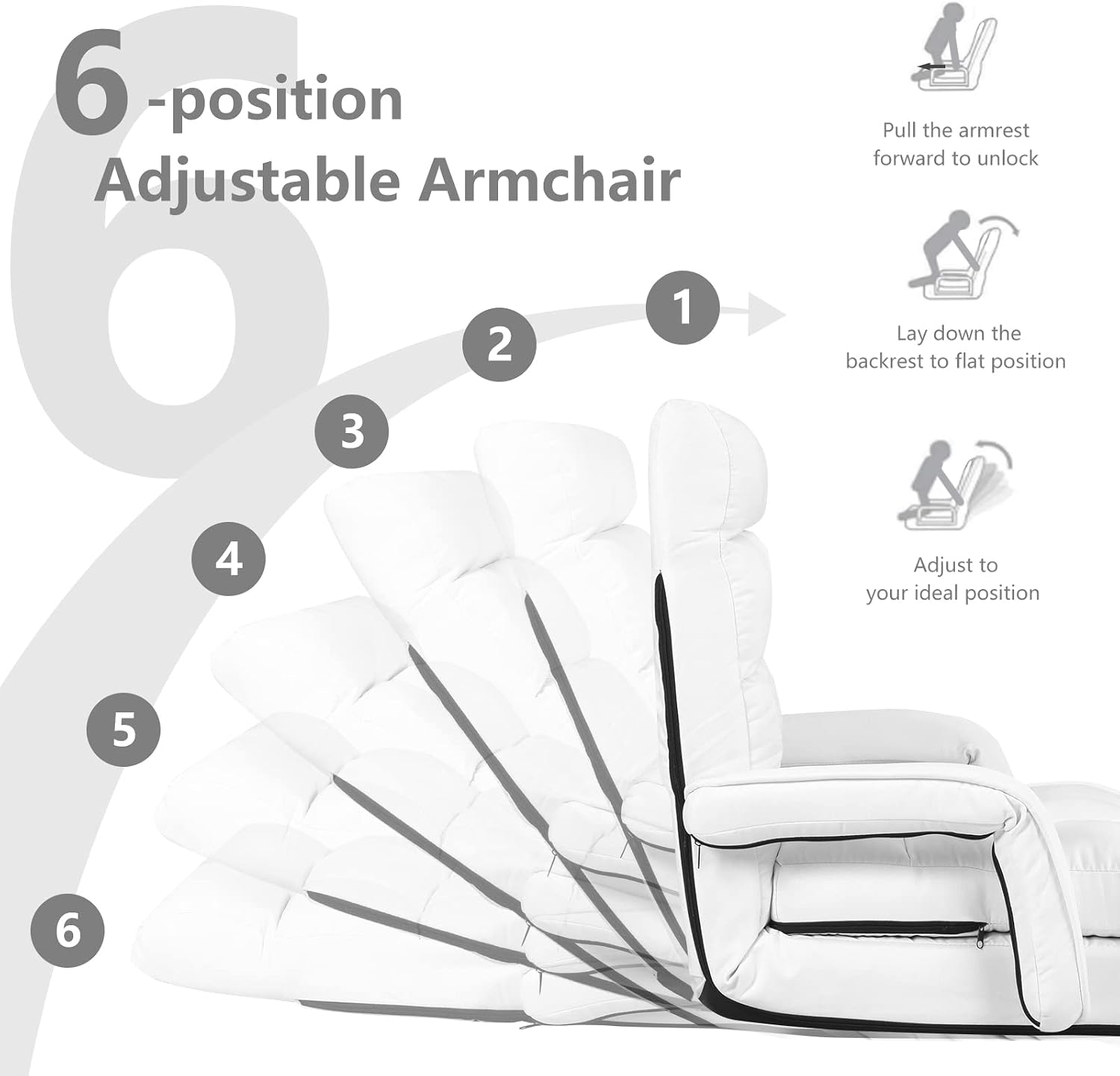 S AFSTAR Indoor Chaise Lounge Sofa, Folding Lazy Sofa Floor Chair with 6-Position Adjustable Backrest Lumbar Pillow, Folding Padded Lounger Bed with Armrests, Assembly-Free (White)