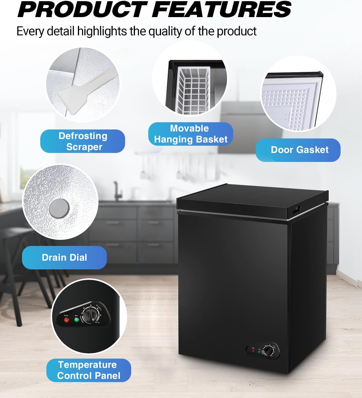 Deep Freezer 3.5 Cu.Ft, Chest Freezer with Removable Basket, Small Freezer with 6 Levels Adjustable Temperature, Quiet Mini Freezer for Home/Kitchen/Office/Garage/Bar (Black)