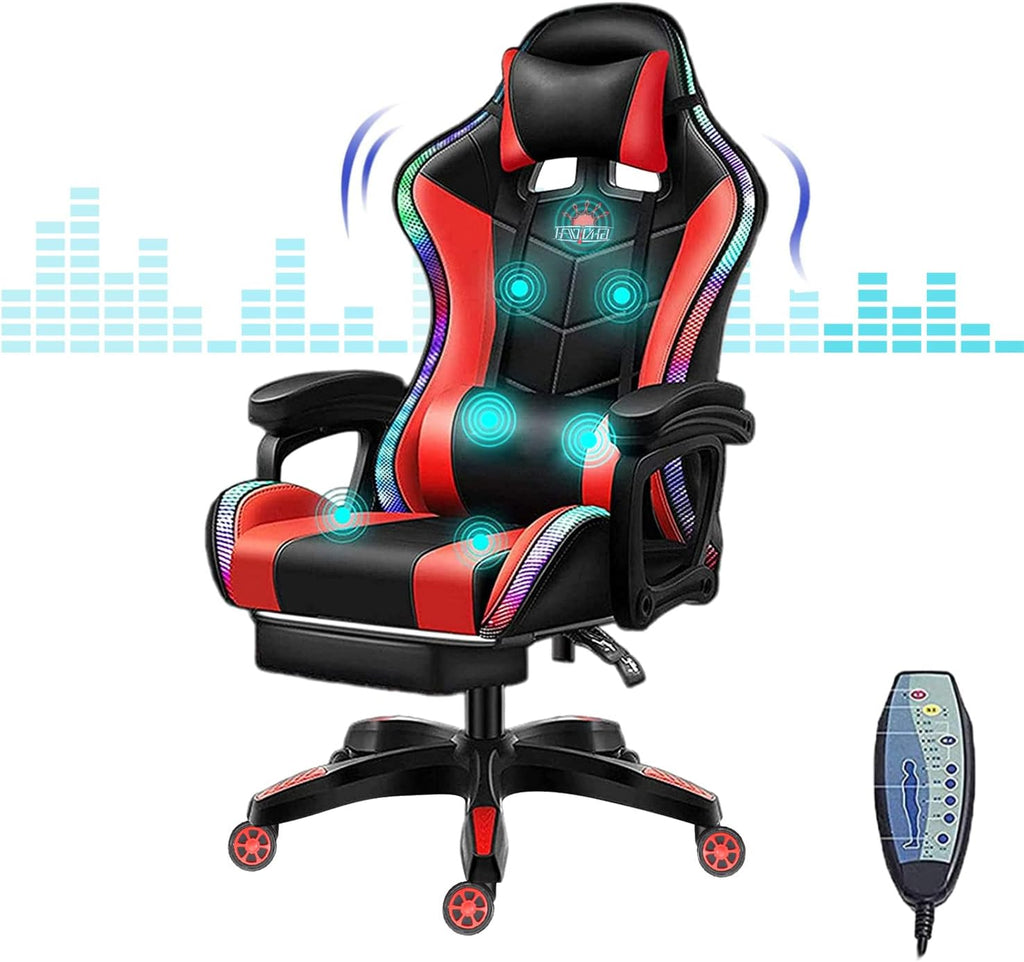 XOOFMASS Gaming Chair with Speakers, Ergonomic Massage Gaming Chair with Massage Function, Video Game Chairs with LED Light Swivel Racing Computer Chair 90°-135° Adjustment of Backrest,Red