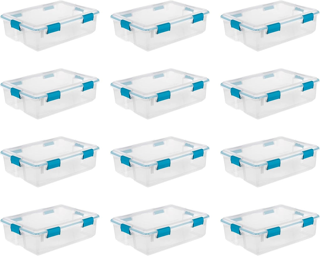 Sterilite 12-Pack Gasket Box, Weather-Resistant Storage Bins with Latching Lids, 37 Quart - Heavy-Duty Organizing Containers for Closet, Bathroom, and Office