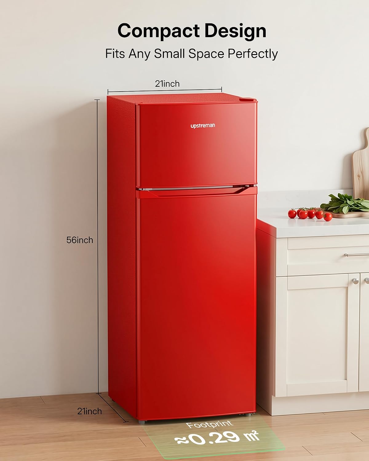 Upstreman 7.7 Cu Ft Refrigerator with Freezer, Double Door Fridge with Adjustable Thermostat Reversible Door, Large Capacity Refrigerator for Apartment, Dorm, Office, Kitchen, Red (BD-75)