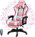 Video Game Chair for Adults Ergonomic Reclining Chair with Retractable Footrest Massage Gaming Chair with Speakers and LED Lights PU Leather High Back Computer Chair,Pink