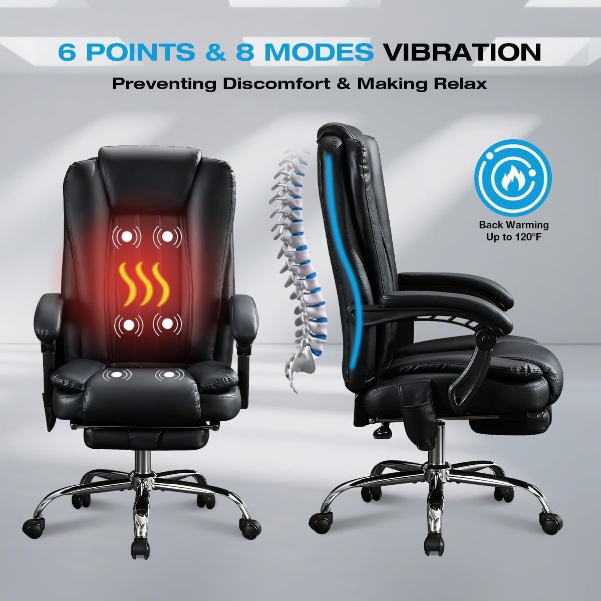 BOSMILLER 500lbs Big and Tall Office Chair, 6-Points Massage Office Chair, Executive Heated Desk Chair with Adjustable Footrest, Reclining High Back for Home Office