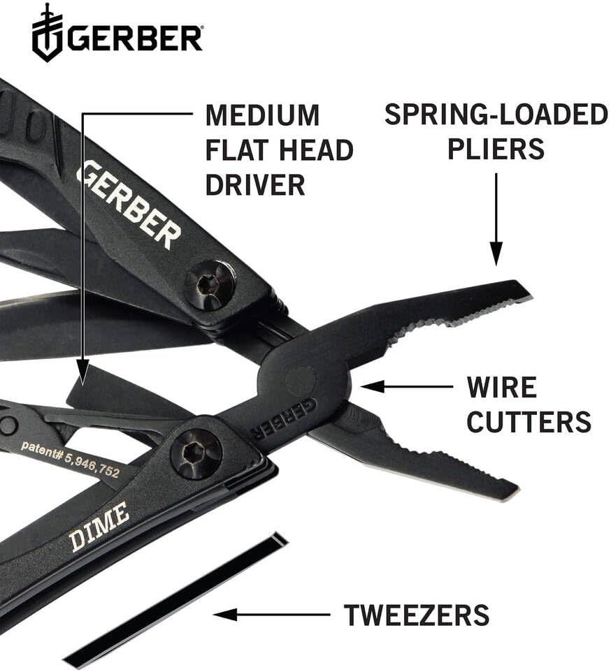Gerber Gear Dime 12-in-1 Mini EDC Multitool - Needle Nose Pliers, Pocket Knife, Keychain, Bottle Opener - Gifts for Men, EDC Gear and Equipment - Black (Pack of 12)