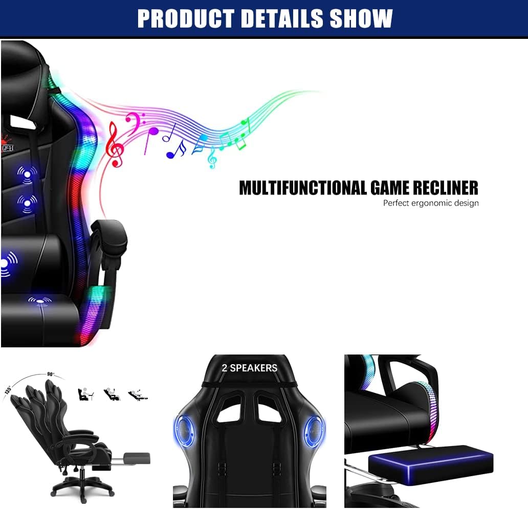 Racing Chair, Ergonomic Chair with Headrest and Lumbar Support, Video Gaming Chair with Speaker and LED Light, 90°-135° Tilt Computer Chair,for Adult Teen Gamer Gaming Chair.,White