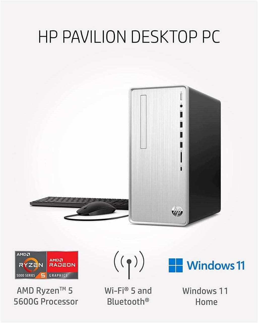 HP Pavilion Desktop PC, AMD Ryzen 5 5600G, 12 GB RAM, 512 GB SSD, Windows 11 Home, Wi-Fi 5 & Bluetooth Connectivity, 9 USB Ports, Wired Keyboard and Mouse Combo, Pre-Built PC Tower (TP01-2040, 2022)