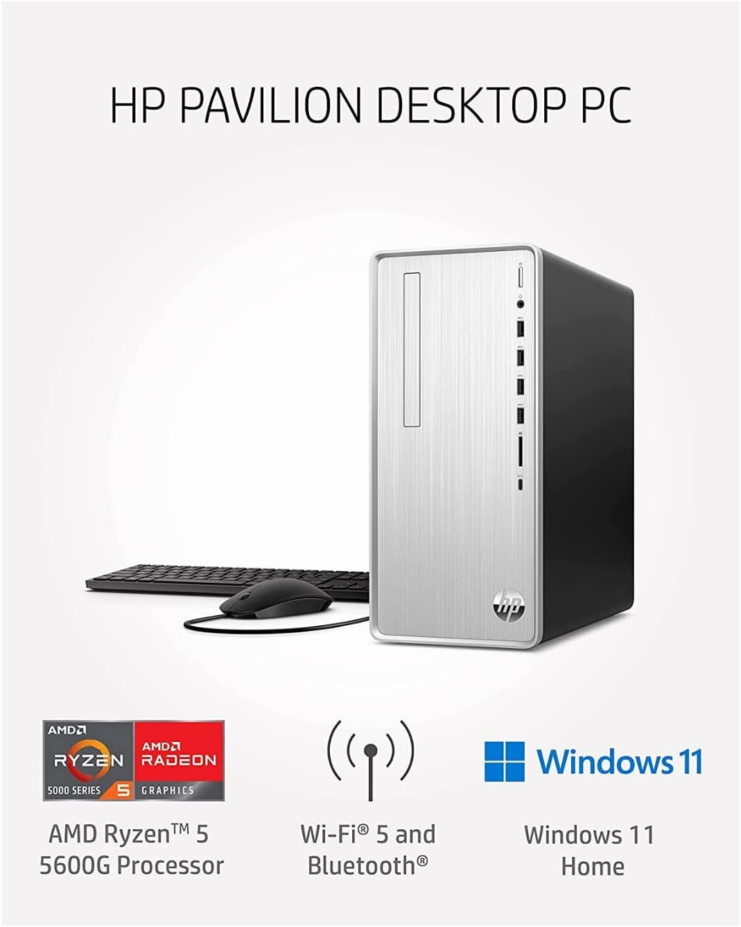 HP Pavilion Desktop PC, AMD Ryzen 5 5600G, 12 GB RAM, 512 GB SSD, Windows 11 Home, Wi-Fi 5 & Bluetooth Connectivity, 9 USB Ports, Wired Keyboard and Mouse Combo, Pre-Built PC Tower (TP01-2040, 2022)