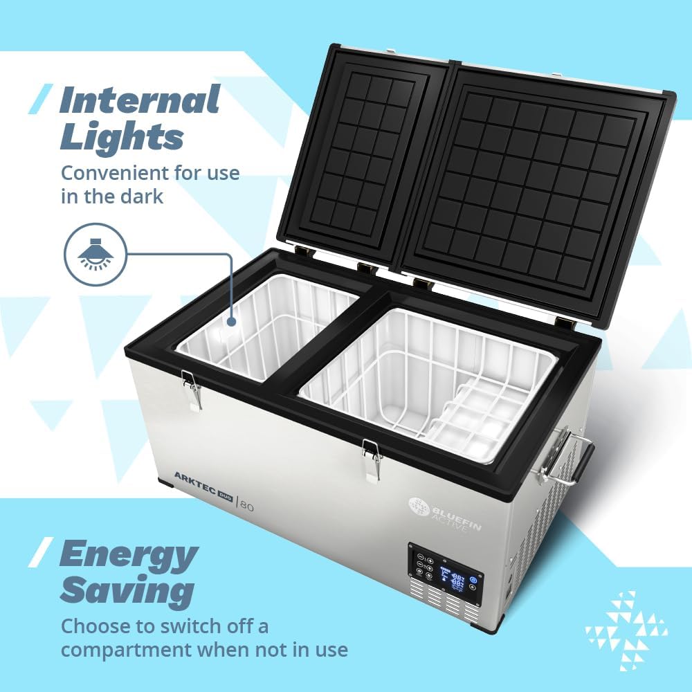 Bluefin Active Arktec Duo 80L | Portable Travel Fridge | Advanced Cooling & Freezing Technology | Energy Efficient Charging | Dual Storage Compartments | Smartphone App Control | LCD Display | AC & DC