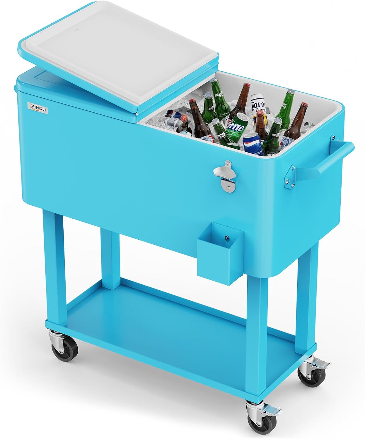 VINGLI Rolling Ice Chest, Portable Patio Party Bar Drink Cooler Cart, with Shelf, Beverage Pool with Bottle Opener