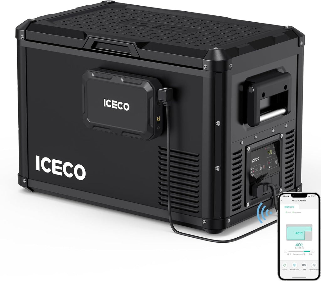 ICECO VL45ProS 47.5Qt Portable Refrigerator, 12V Car Freezer With Multi-directional Lid, 12V Refrigerator with SECOP, 0-50℉, USB&DC&AC, Iron Cabinet Shell Cooler Fridge For Car|With Magnetic Battery