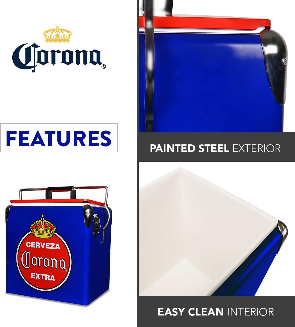 Corona Retro Ice Chest Cooler - Portable Ice Bucket with Bottle Opener, Vintage Style, Insulated for Camping, Beach, Picnic, RV, BBQs, Tailgating, Fishing, 18 Can Ice Box, 13L (14 qt)